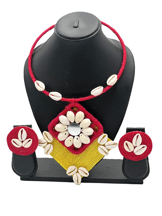 Handmade Red & Mustard Cowrie Shell Necklace Set – The Chakmak Shankh Tara Collection