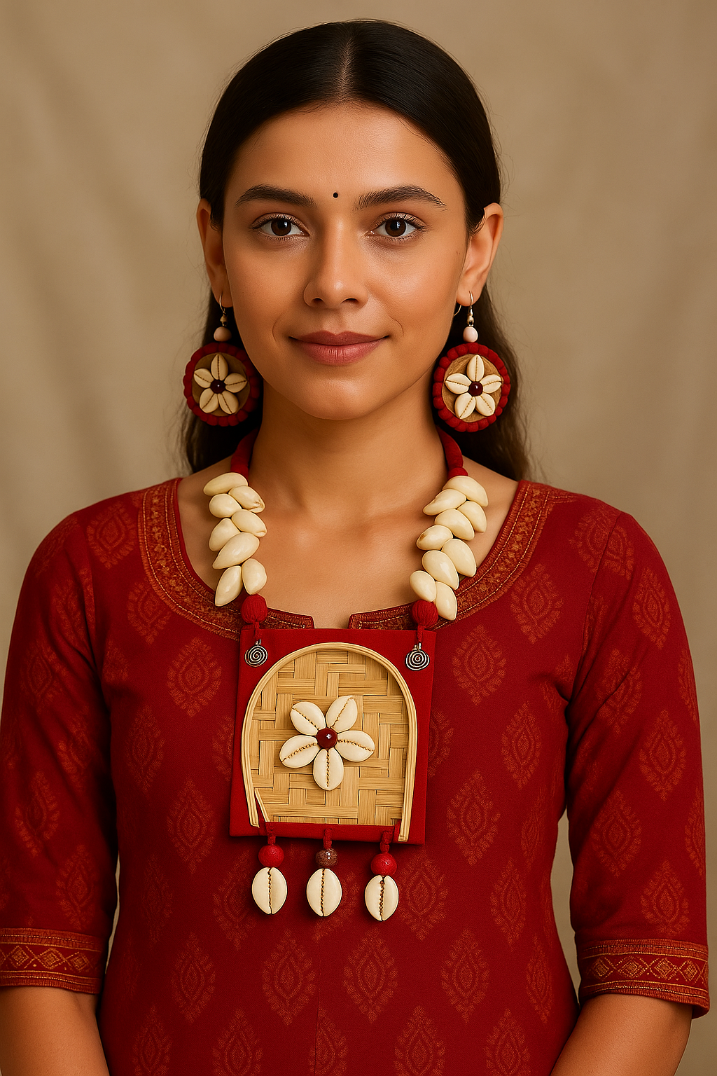 Model wearing Handmade Bamboo Shell Blossom Necklace Set – The Chakmak