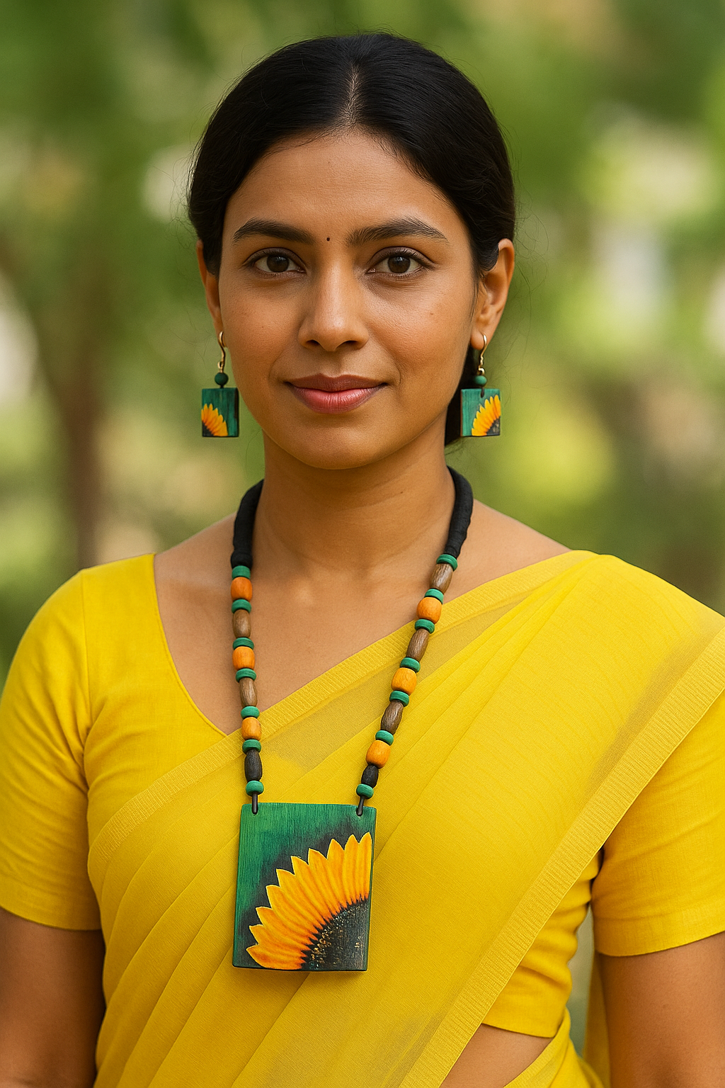 Model wearing hand-painted sunflower bamboo necklace set – The Chakmak