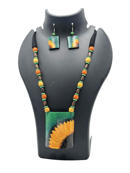 Hand-painted sunflower bamboo necklace and earring set – The Chakmak