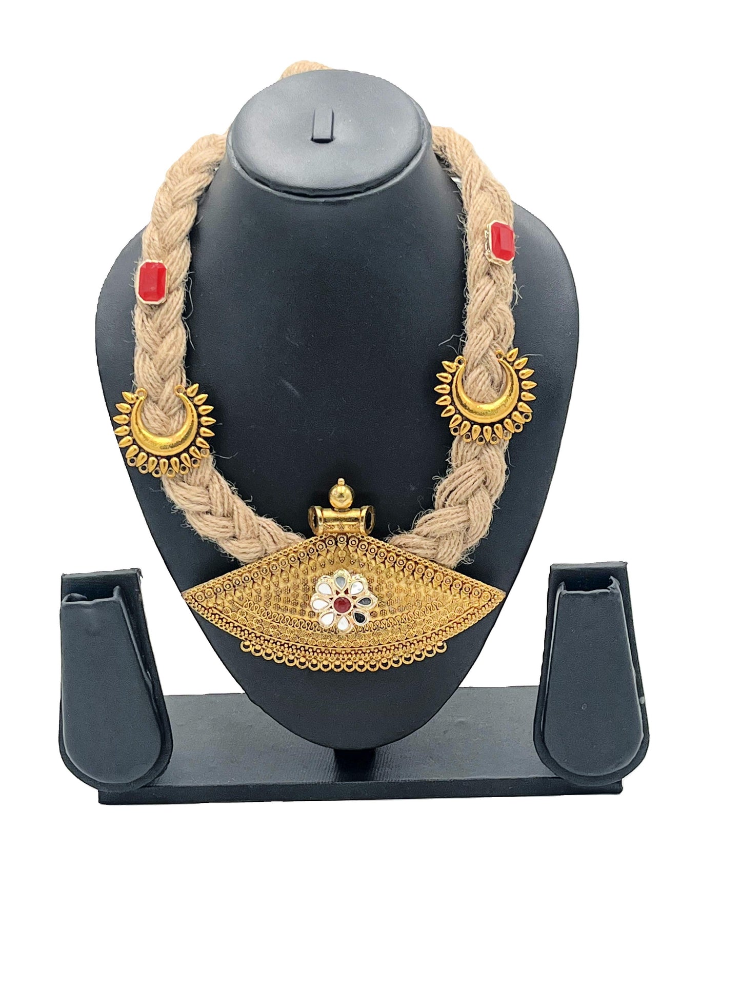 Handcrafted Tribal Gold Pendant Necklace with Jute Cord – The Chakmak Surya Saaj