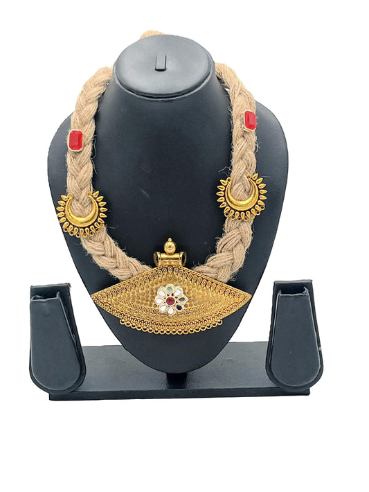 Handcrafted Tribal Gold Pendant Necklace with Jute Cord – The Chakmak Surya Saaj