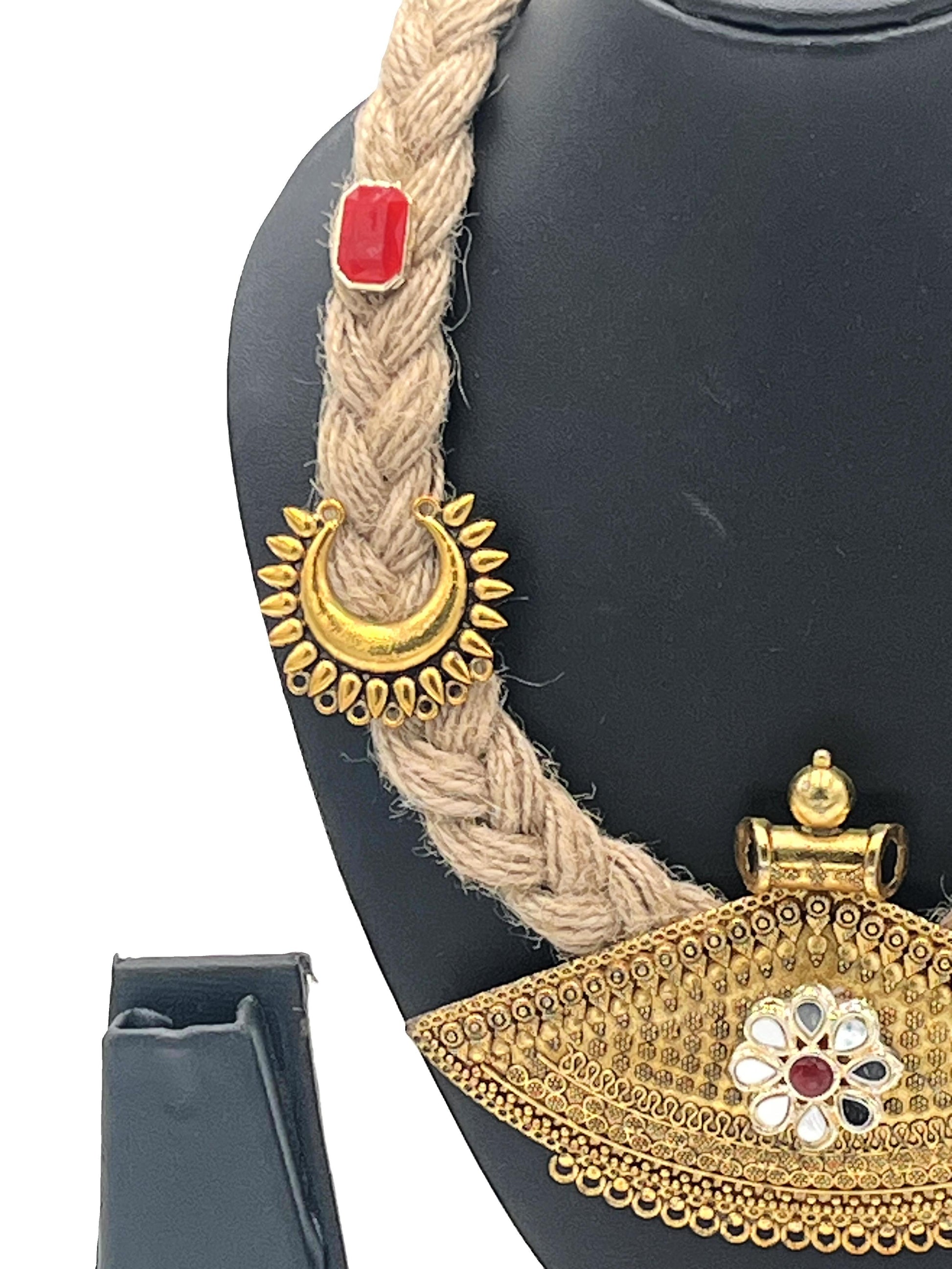 Ethnic Handcrafted Necklace with Gold Pendant and Jute Cord – The Chakmak