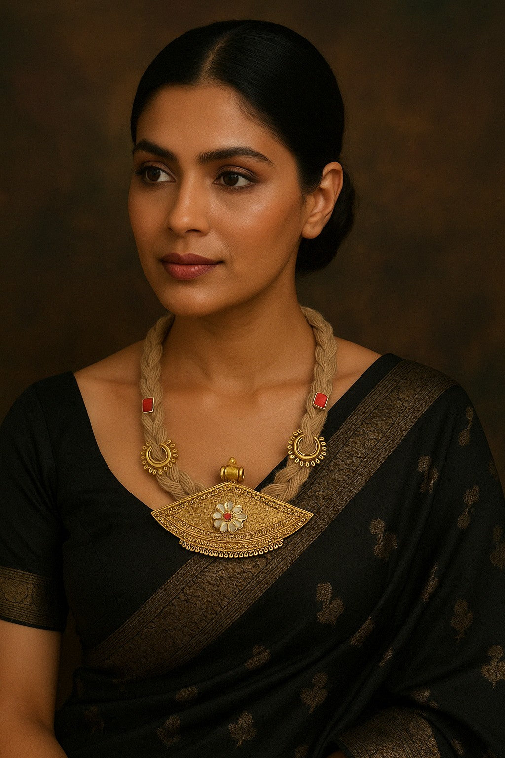 Model wearing Tribal Surya Saaj Gold Pendant Necklace – The Chakmak Jewelry