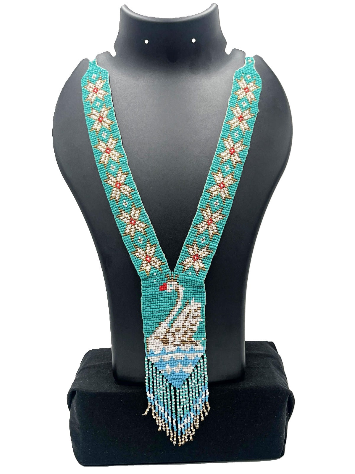 Handcrafted Tribal Beaded Necklace with Swan & Floral Pattern – The Chakmak