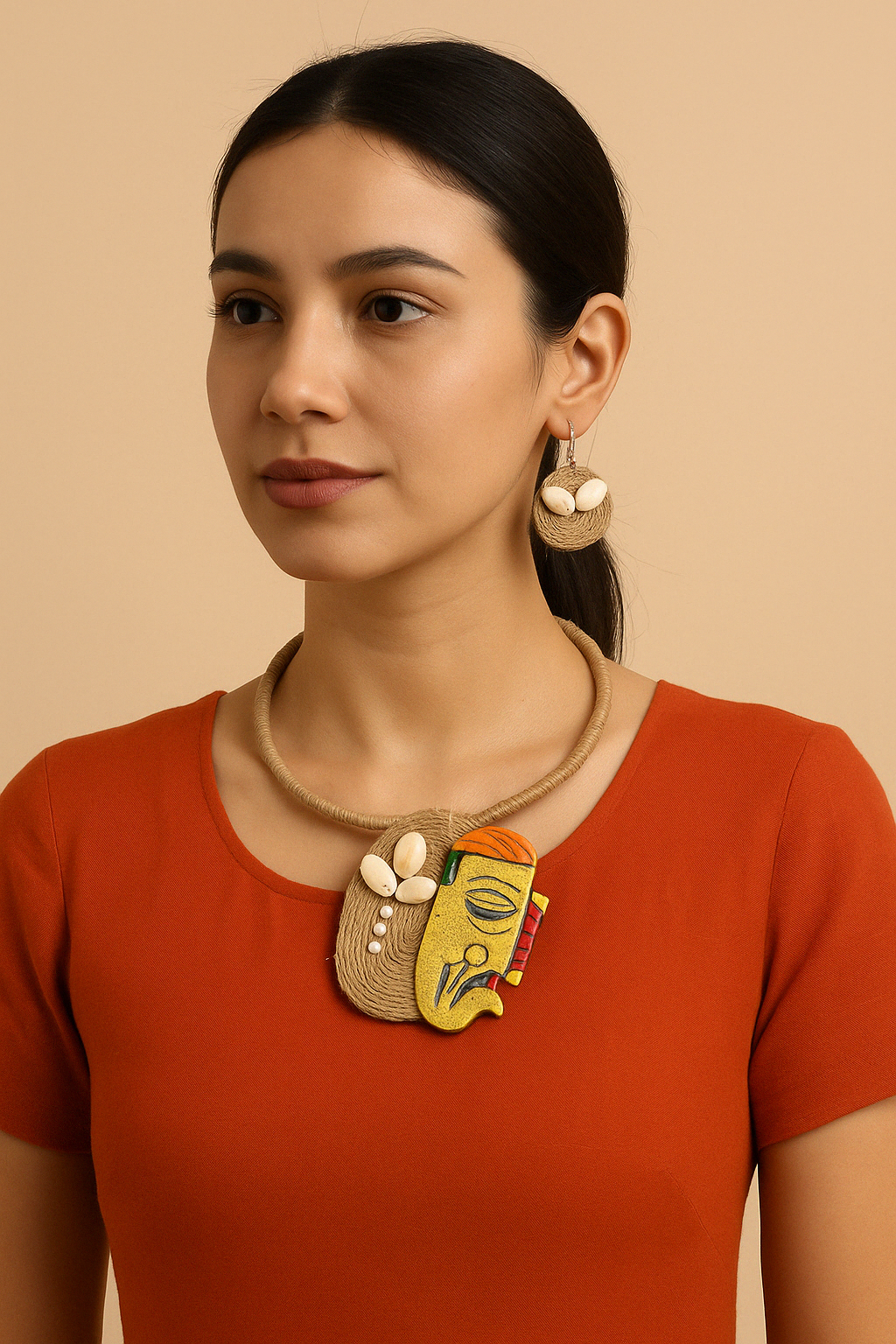 Model wearing terracotta elephant necklace with kodi earrings – The Chakmak Tribal Muse