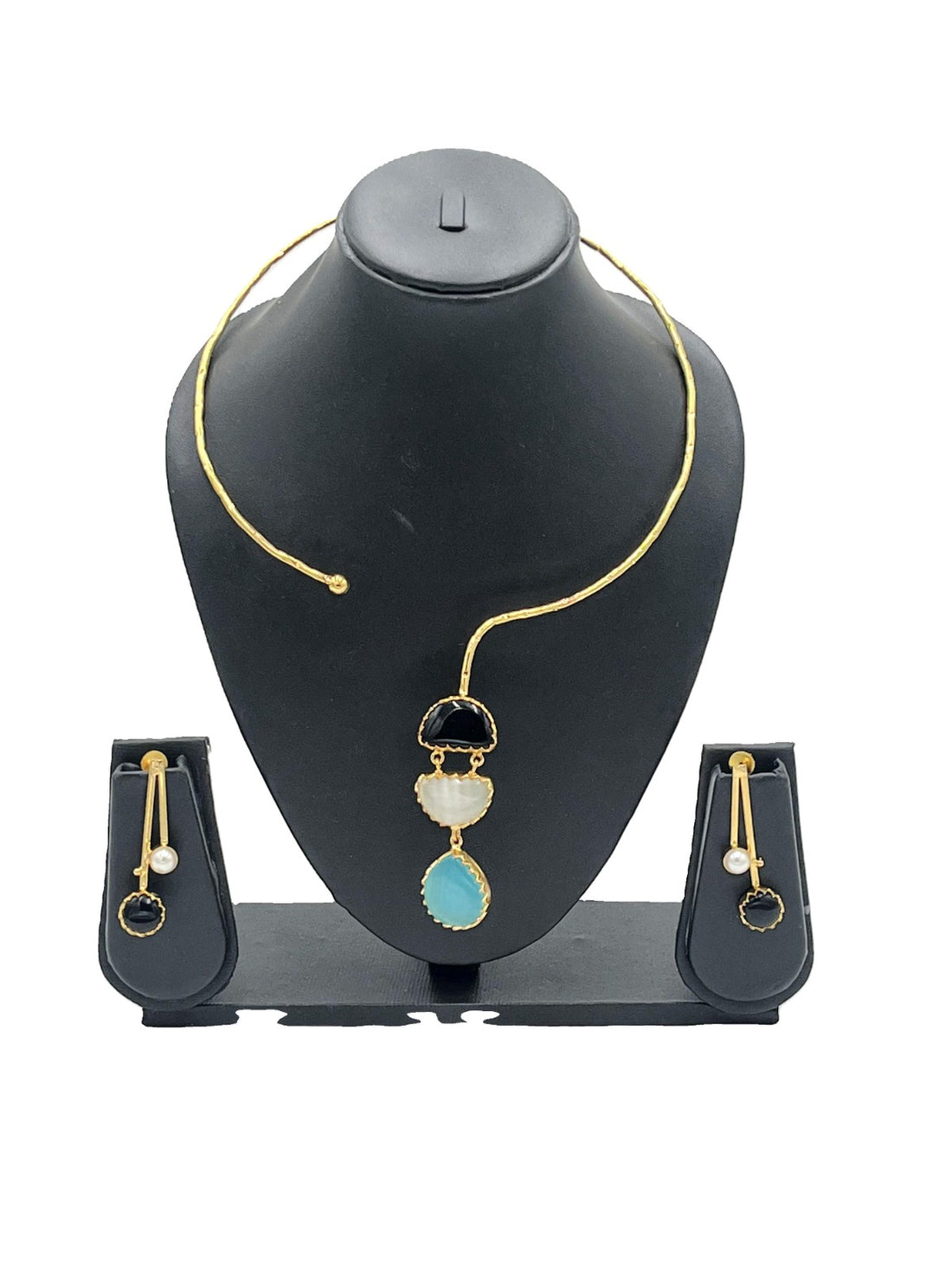 Chakmak TrioGlow – Modern Open Collar Necklace with Black, White & Blue Natural Stones and Elegant Dangler Earrings-Pendant