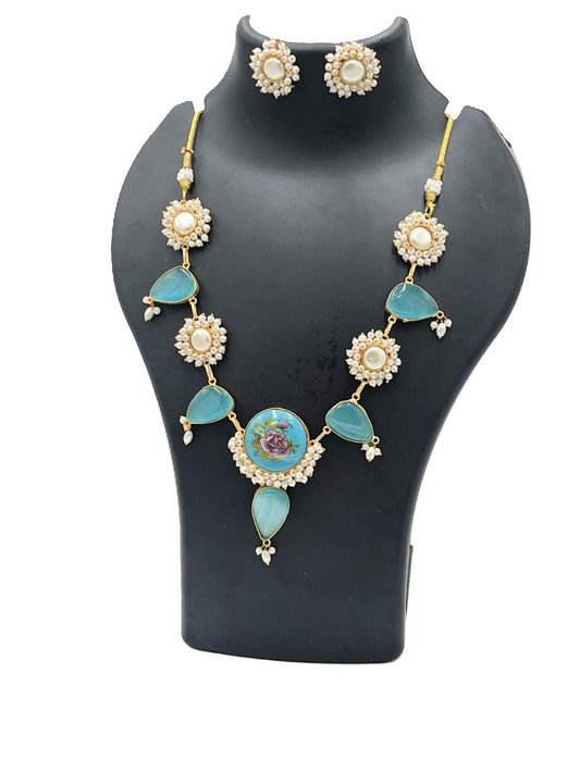 The Chakmak Royal Bloom – Aqua Blue Hand-Painted Floral Necklace Set with Pearls