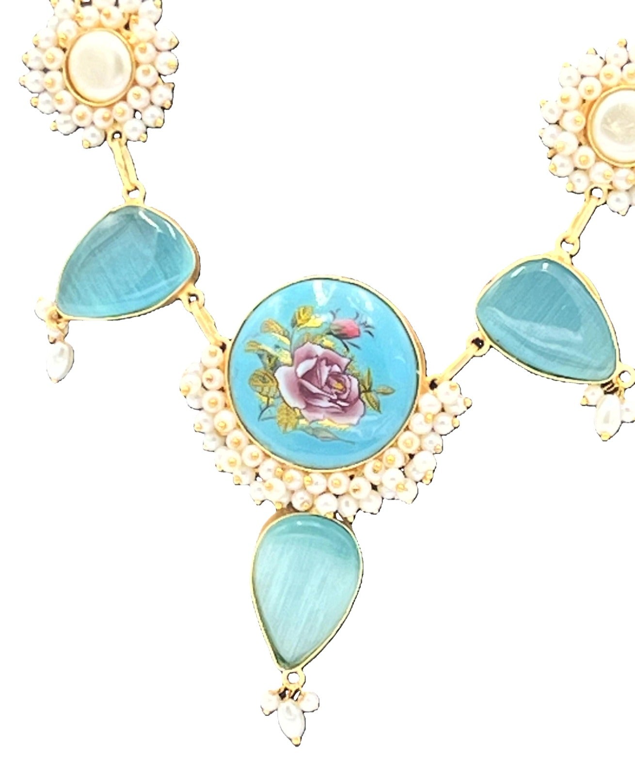The Chakmak Royal Bloom – Aqua Blue Hand-Painted Floral Necklace Set with Pearls