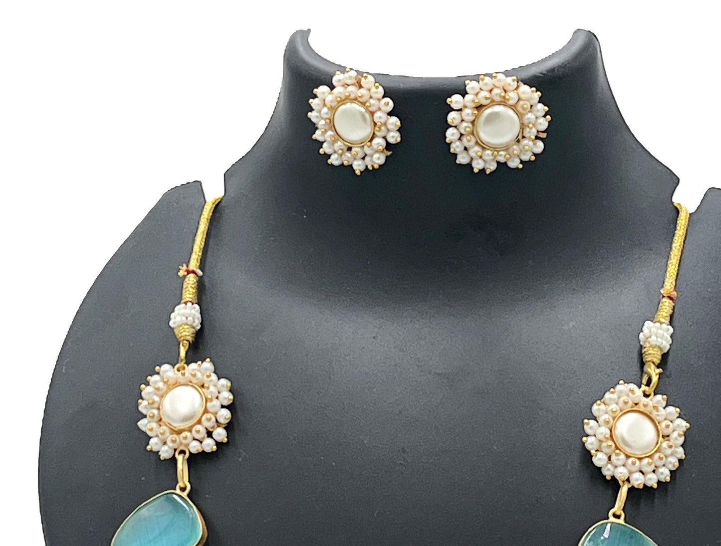 The Chakmak Royal Bloom – Aqua Blue Hand-Painted Floral Necklace Set with Pearls